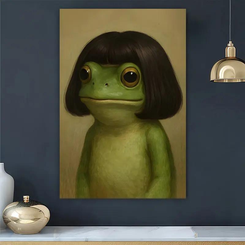 1pc Wooden-Framed Whimsical Frog Portrait Poster - Vibrant Cartoon Design, Green Frog with Bob Haircut Canvas Art, Whimsical Home Decor for Bathroom, Bedroom Wall Decoration