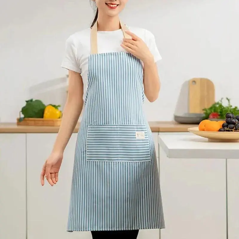 Cotton Linen Striped Apron, Japanese Style Household Sleeveless Hanging Neck Adjustable Elastic Apron for Kitchen Cooking, Gardening, Cotton Linen Aprons