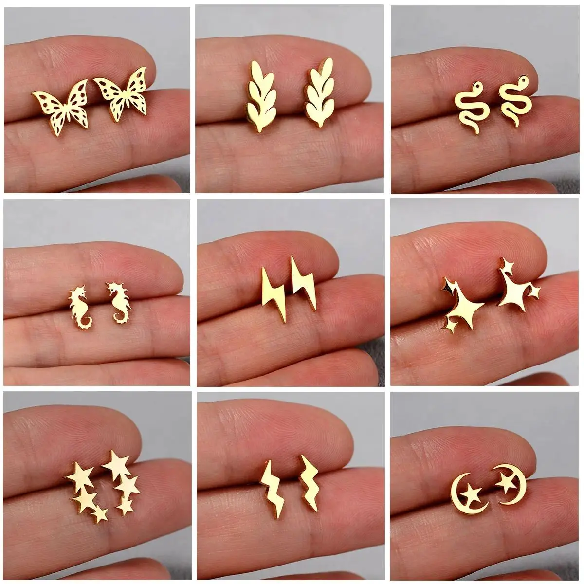 Vintage Exquisite Stainless Steel Leaf Butterfly Stud Earrings Women Multiple Mini Star Moon Lightning Earings Piercing Jewelry