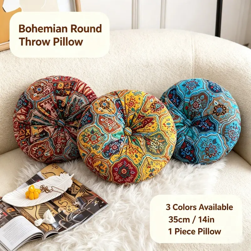 Bohemian Style Thick Round Pillow, 35cm Diameter, Vintage Moroccan Seat Cushion, Yoga & Home Decor, Perfect Holiday Gift