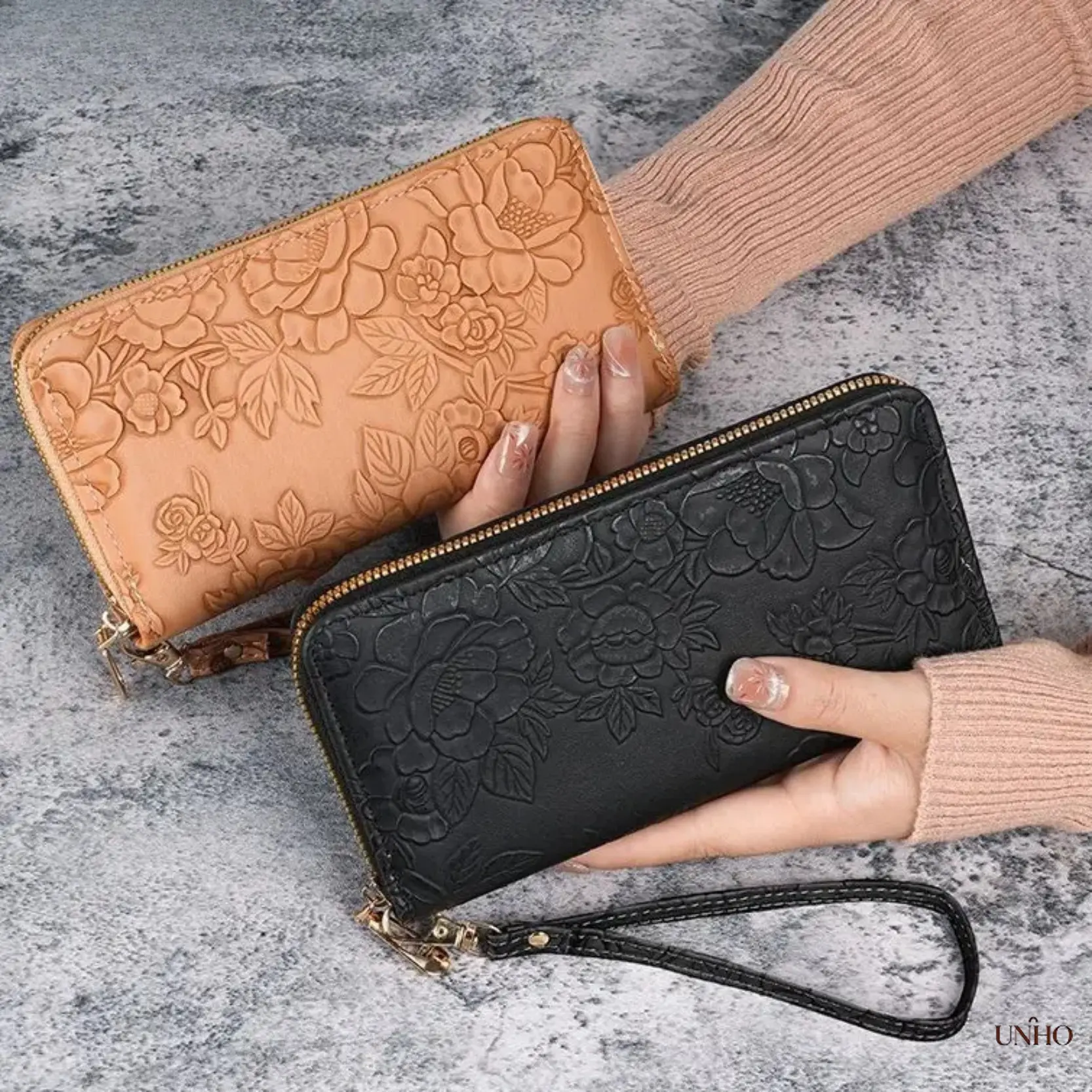 Embossed Floral Large Capacity PU Leather Long Zip Wallet For Women, Multi Compartment Matte Card Organizer With Phone Pocket & Detachable Strap, Elegant Wristlet Clutch For Daily Shopping, Travel & Date Night Outfits
