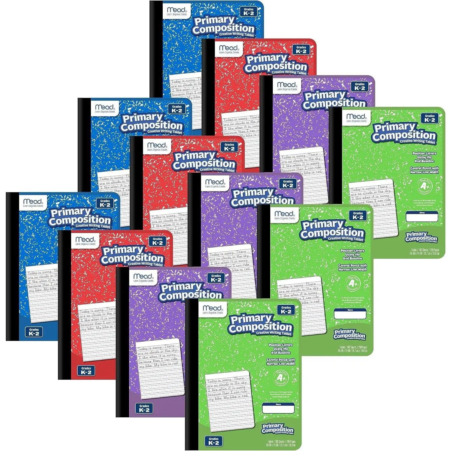 Mead Primary Composition Book, Primary Ruled Journal, Grades K-2, 7-1/2" x 9-3/4", 100 Sheets per Comp Book, Colors Will Vary, 12 Pack (610054-ECM)