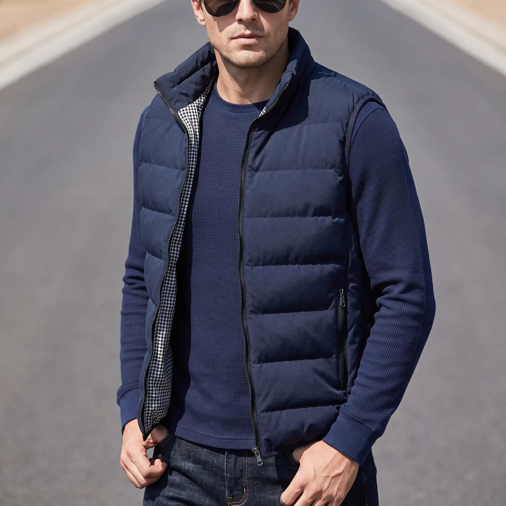 Men's Casual Fitted Quilted Puffer Vest - Windproof Stand-Collar Sleeveless Waistcoat with Zippered Pockets for Autumn, Winter Tops Casual Cotton Menswear Jacket Plate