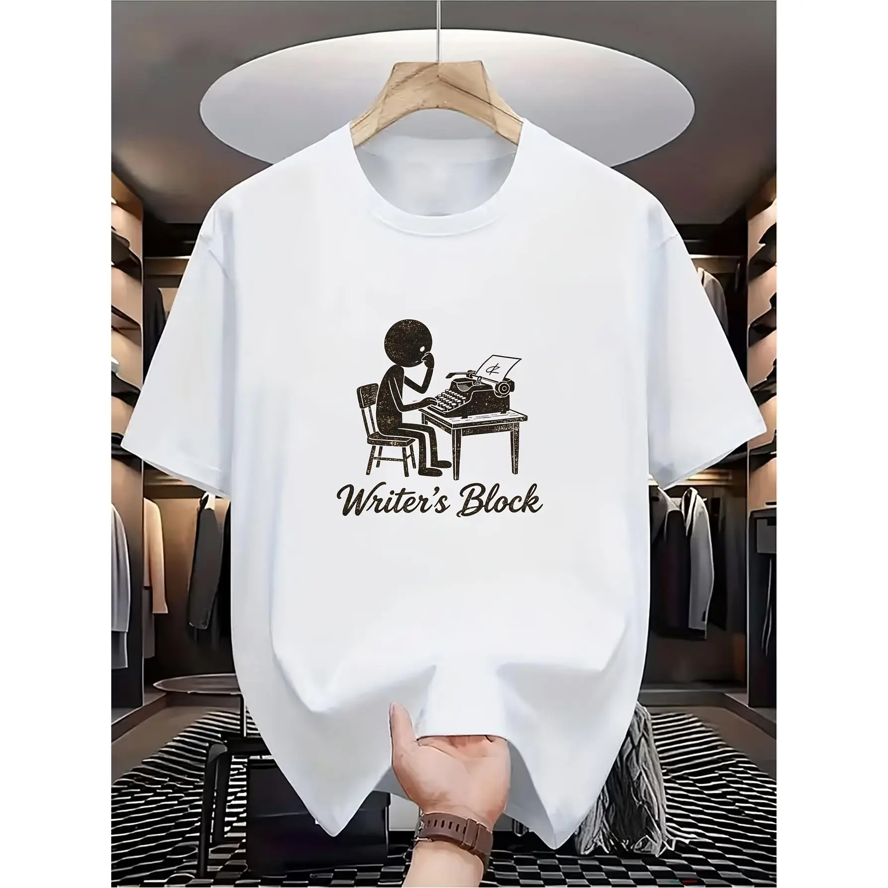 Writer's Block Funny Typewriter T-Shirt for Men, Vintage Literary 100% Cotton Crew Neck Short Sleeve Retro Graphic Tee