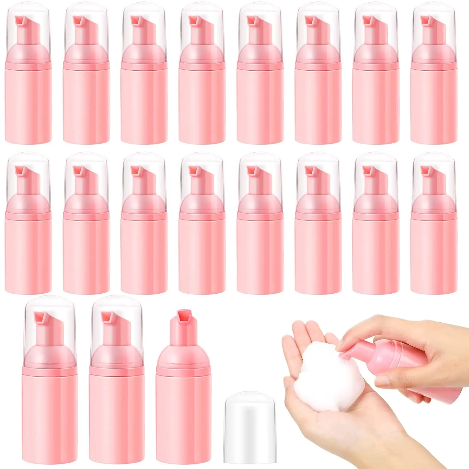 Pink 24-Pc Fluffy Foam Pump Bottle Set - 1 Oz/30 ml Plastic Mini Empty Cosmetic Dispensers for Travel Hand Sanitizer, Ideal for Girlfriends, Neighbours, Family Members