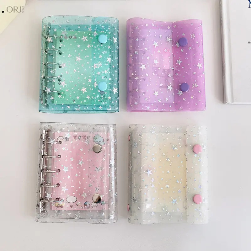 Clear Glitter M5 Star Binder Notebook, Holographic Shiny Journal, Cute Aesthetic Diary with Double Snap Buttons, Kawaii Loose-leaf Notebook for Students