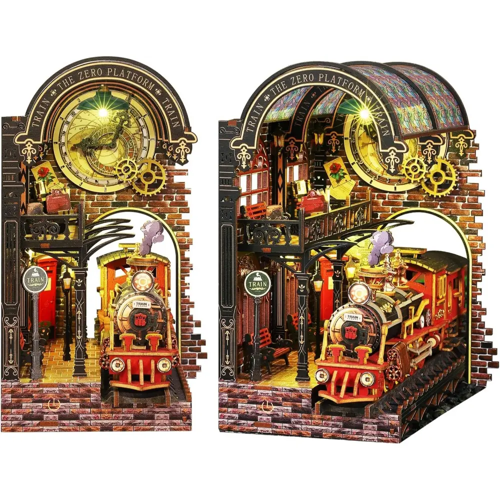 Spilay No-Base Book Nook Kit with LED Lights, 3D Wooden Puzzle with Wooden Parts & Train Miniature Dollhouse for Adults Ages 12+, Creative Bookshelf Decor, Unique Gift for Book Lovers