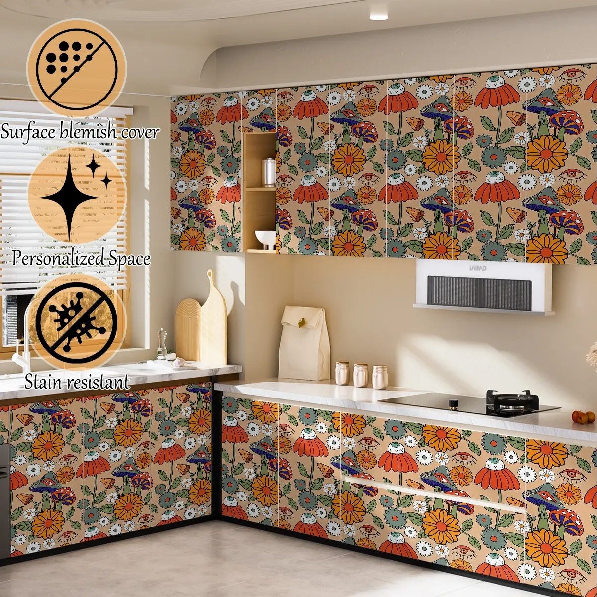 Retro Orange Wildflower Peel Stick Wallpaper Vintage Floral Removable Apartment Wall Mural