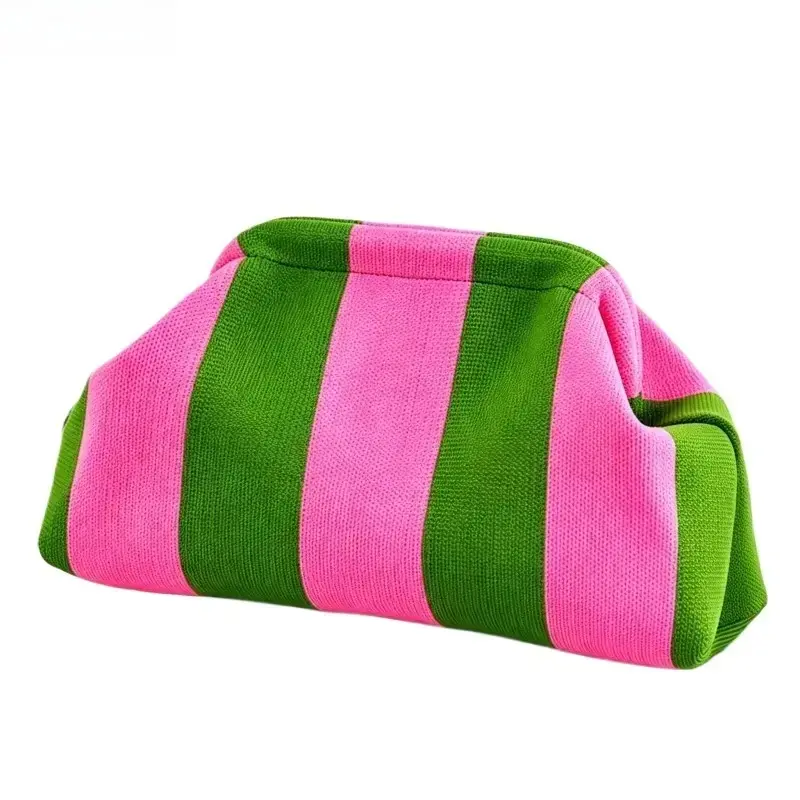 Striped Makeup Pouch for Women, Soft Textured Knit Fabric in Green & Pink - Spacious and Lightweight Organizer for Travel