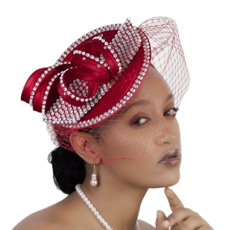 Women's Red Veil Fascinator Hat - Pearl Rhinestone Glamorous Headpiece, Hats & Accessories for Women, Female Ceremony Wedding Tea Party Attire, Elegant, Engagement, Luxury Party Look, Mesh Veil, Pearl Decorations, Rhinestone-Style Accents, Satin Bow, Vint
