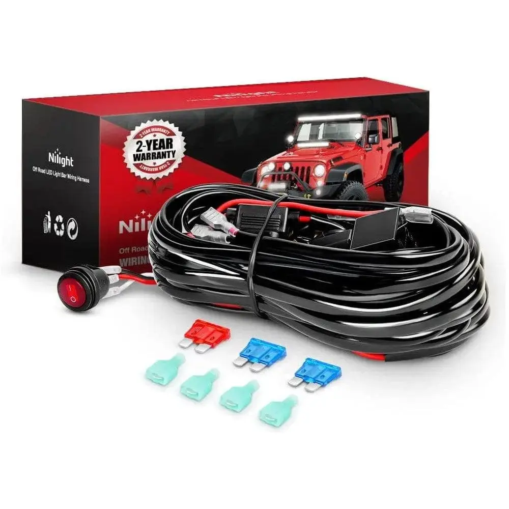 Nilight 16AWG Universal Fit Wire Harness Kit, 12FT 2 Leads with 12V 3-Pin Switch, 3 Fuses, 4 Spade Connectors, Father's Day Gift