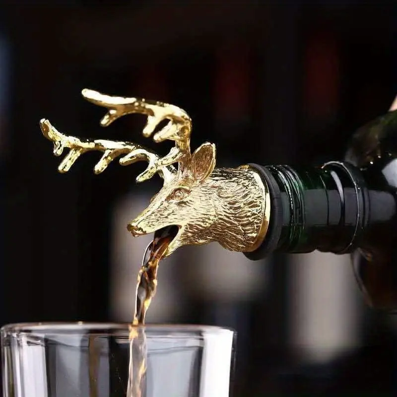 2-In-1 Deer Head Wine Pourer & Airtight Bottle Stopper, Elegant Zinc Alloy Design, Anti-Spill, Tight Seal, Decorative Bar Utensils Ornament
