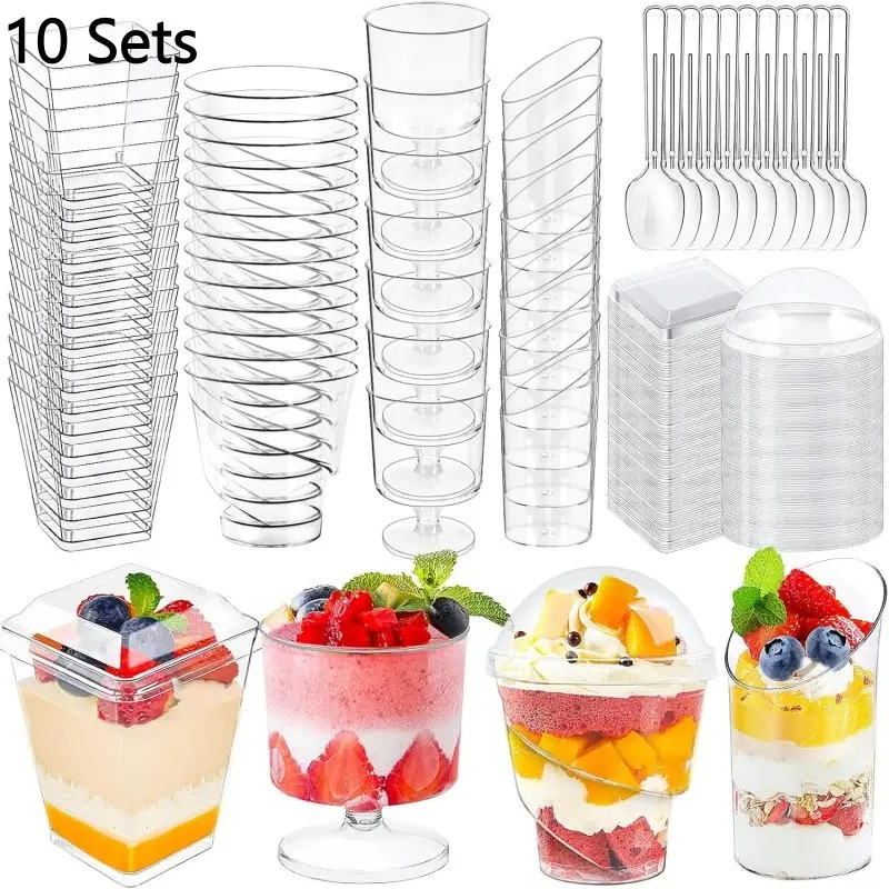 10 Sets Dessert Cups with Spoons & Lids, Mini Plastic Dessert Cups for Party Yogurt Parfait Jello Appetizer Cocktail Small Clear Reusable Fruit Ice Cream Cake Pudding Cups