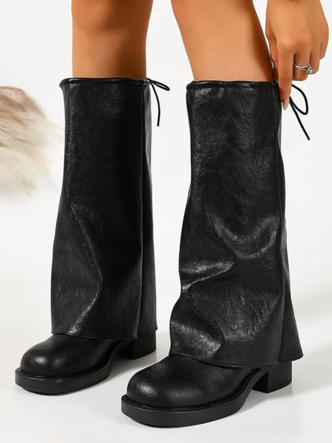 American Vintage Pleated Pants Boots for Women, Thick Sole Square Heel High Top Boots, Back Tie Stack Boots, Versatile Mid-Calf Knight Boots
