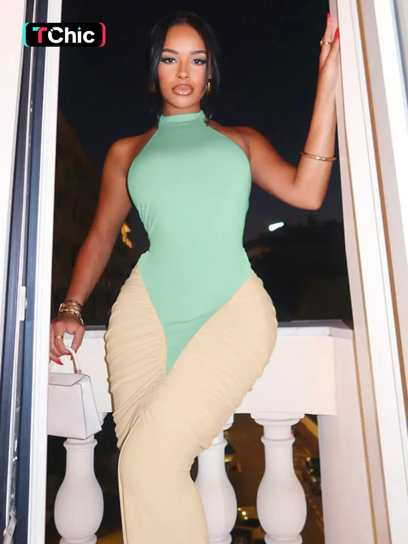 Women Summer Sexy Party Club Evening Halter Sleeveless Colorblock Backless Bodycon Long Dress Women Summer Sexy Party Club Evening Halter Sleeveless Colorblock Backless Bodycon Long Dress
