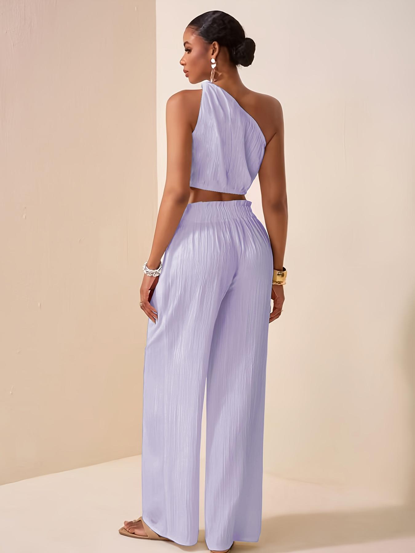 Two-piece Set Women's Solid Crop Top & Wide Leg Pants, Basic Elegant Fashion Casual Top & High Waist Trousers for Daily Outdoor Wear, Women's Clothing for Summer, Womenswear