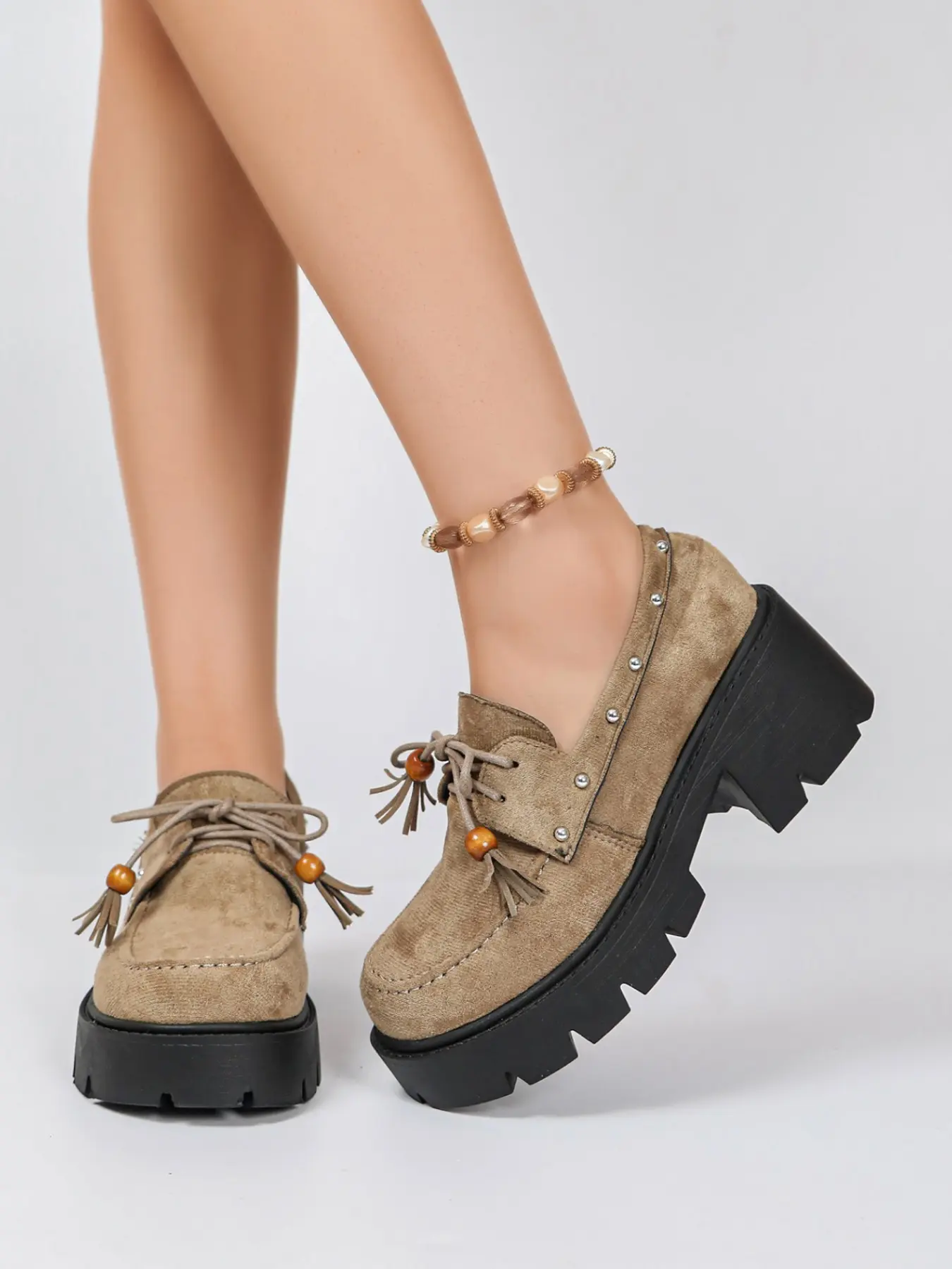 Women's Suede Platform Loafers, Vintage Tassel Bead Lace-Up Shoes, Rivet Decor Block Heel, Chunky Lug Sole, Casual Walking Moccasins