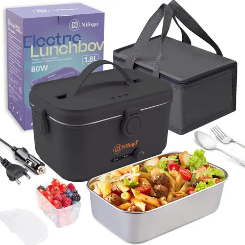 Portable 80W Electric Lunch Box For Adults Fast Heating Food Heater With 110V 12V 24V For Car Truck Home Office 1.8L 304 Stainless Steel Container Fork Spoon Carry Bag Set