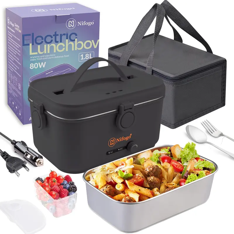 Portable 80W Electric Lunch Box For Adults Fast Heating Food Heater With 110V 12V 24V For Car Truck Home Office 1.8L 304 Stainless Steel Container Fork Spoon Carry Bag Set
