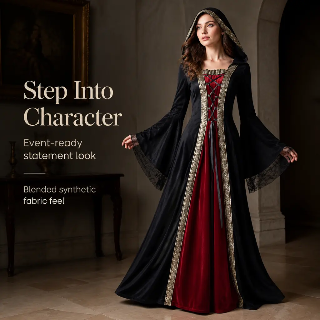 Vintage Renaissance Hooded Costume Dress, Ladies Gothic Medieval Long Velvet Robe, Black and Red Floor Length Gown for Witch Outfit, Photoshoot and Medieval Festival