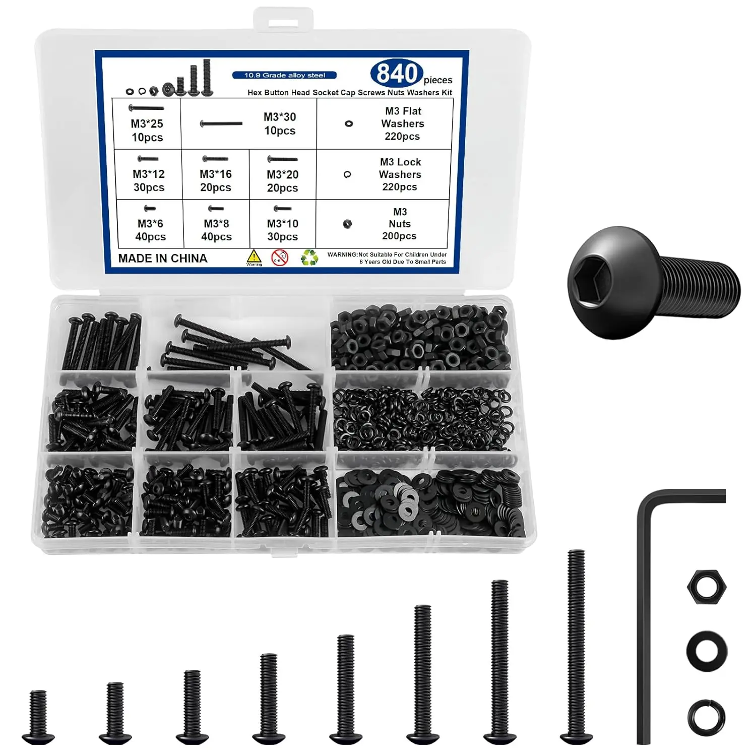 840 count M3 Screw Kit, M3 Hex Button  Screws, Metric Machine Screw  8 Sizes 6MM to 30MM, 10.9 Grade Alloy Steel, Black Zinc Plated, with Hexagonal Wrench