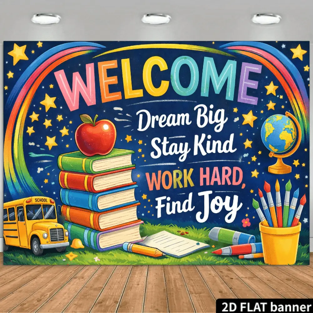 2D Flat Banner welcome back to school themed HD digitally printed polyester photography backdrop, soft lightweight foldable background cloth, suitable for indoor school events, portrait photoshoots, product photography, video cont