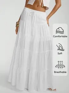 Elegant Elastic Waist Drawstring Adjustable Cake Skirt, Bohemian Style Layered Long Dress, Breathable Comfortable Summer Fashion
