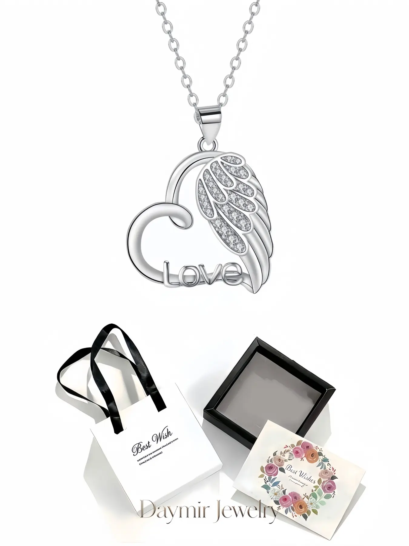 Heart Wing Promise Necklace, vintage versatile heart angel wing pendant paved with diamonds for women. Packaged with an elegant drawer jewelry box, perfect gifts for birthdays, Mother’s Day, Valentine’s Day, Christmas and anniversaries.