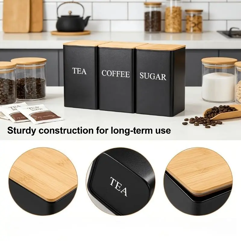 Fashion Kitchen Storage Jars 3-Piece Set, Natural Bamboo Sealing Lids, Tea Coffee Sugar Categorized Storage, Countertop Organizer