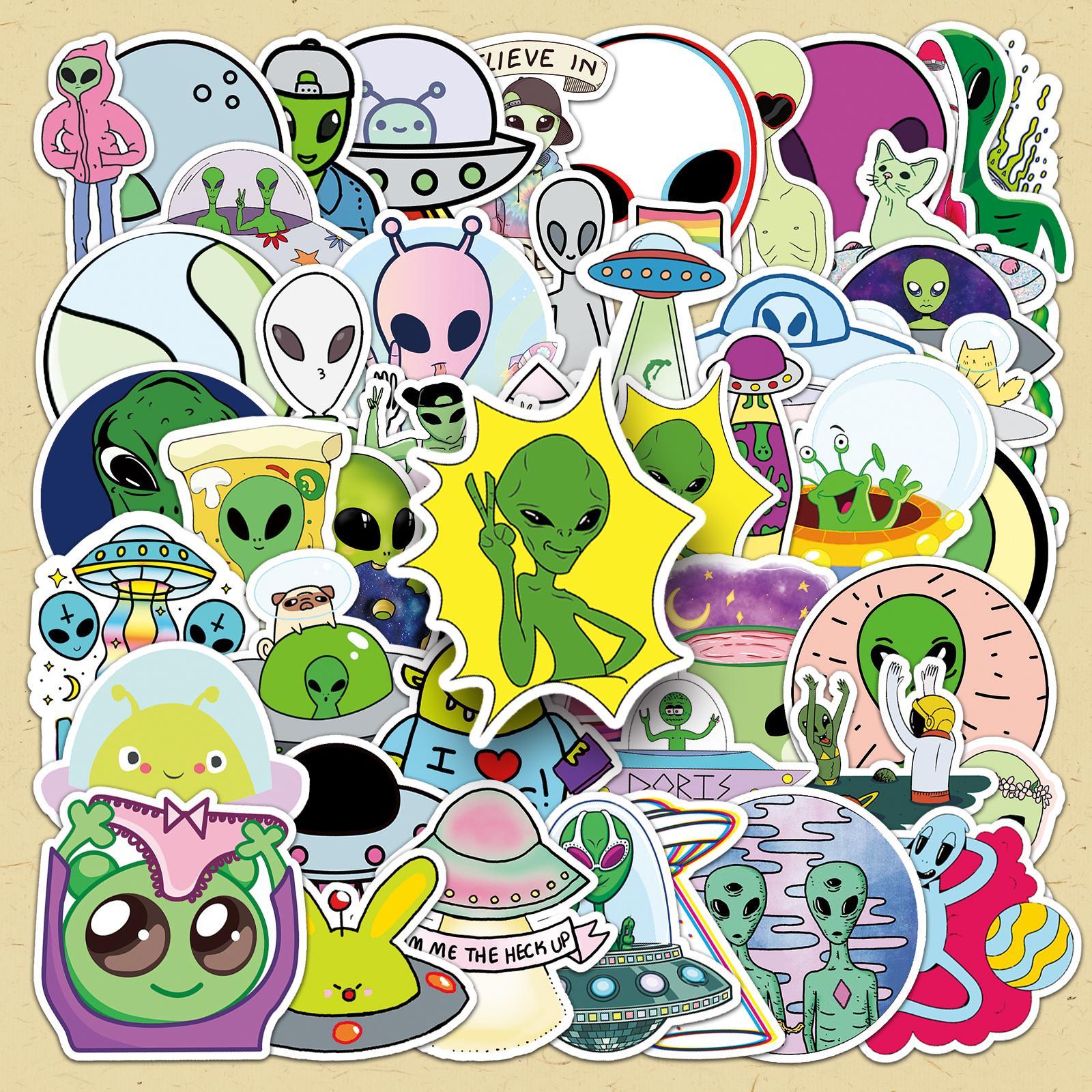 Alien Pattern Sticker, 50pcs/set Cute Cartoon Sticker, Decorative Sticker for Scrapbooking, Journaling, Gift Wrapping, Funny Stickers