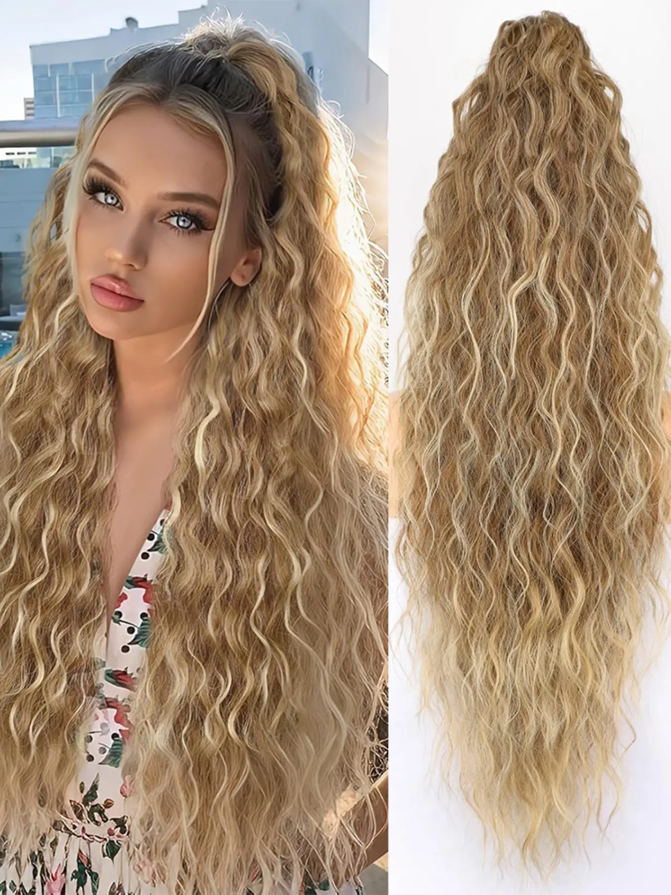 Ponytail Extension Claw 30 Inch Curly Pony Tail Clip in Claw Hair Extensions Fluffy Natural Looking Synthetic Hairpiece for Women Blonde Highlight