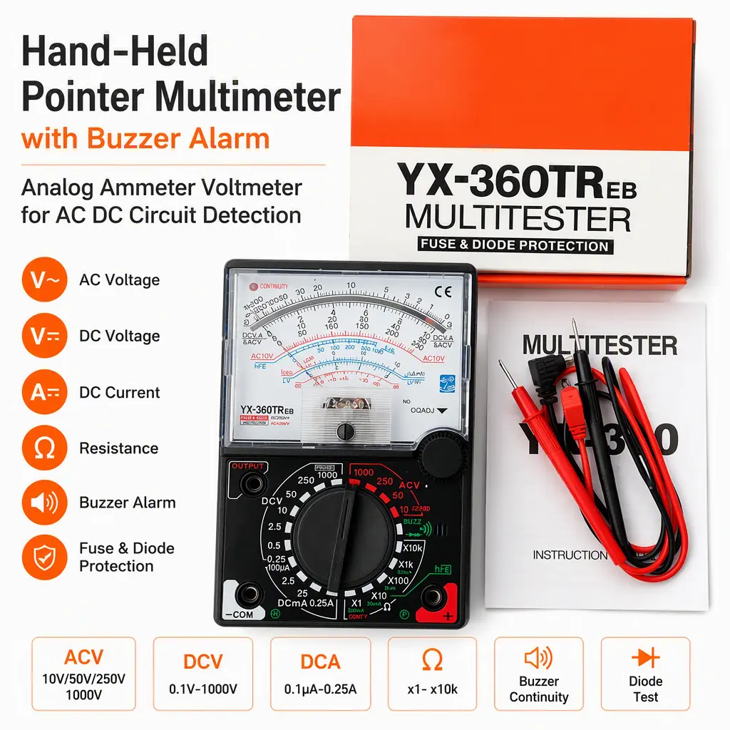 Multi‑Purpose Pointer Analog Multimeter with Continuity Buzzer, AC DC Voltage Current Resistance Measuring Instrument