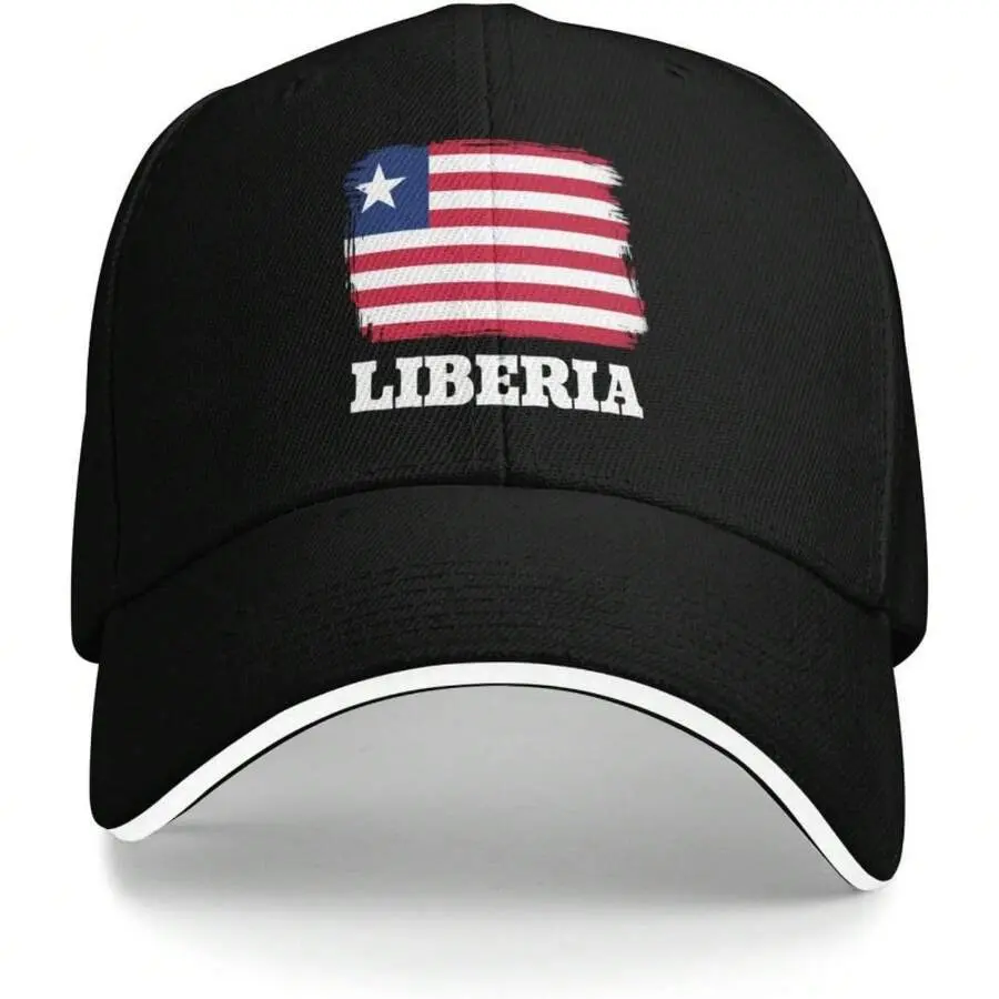 Unisex Style Fit Classic Trucker Hat - Liberia Flag Print Casual Wear Baseball Cap, Vintage Black 100% Polyester, Hook and Loop Closure, Adjustable Fit Hat, Vintage Flag Look