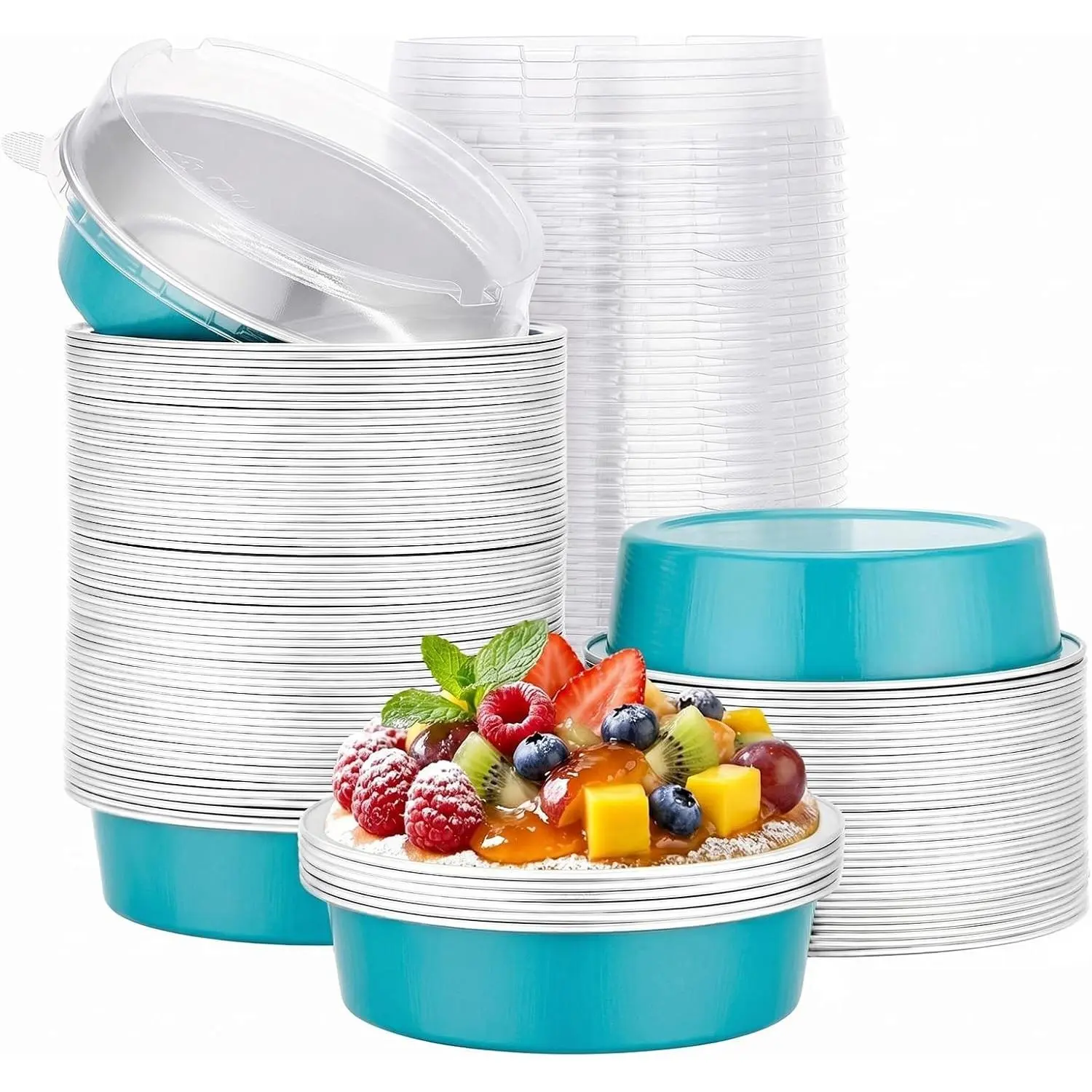 Aluminum Cupcake Pans With Lids 100 Pack, 7.3oz Disposable Baking Cups, 215ml Aluminum Foil Pie Tart Pans Tins Round Mini Oven Dish For Cake Tart Quiche Individual Dessert - Blue Green