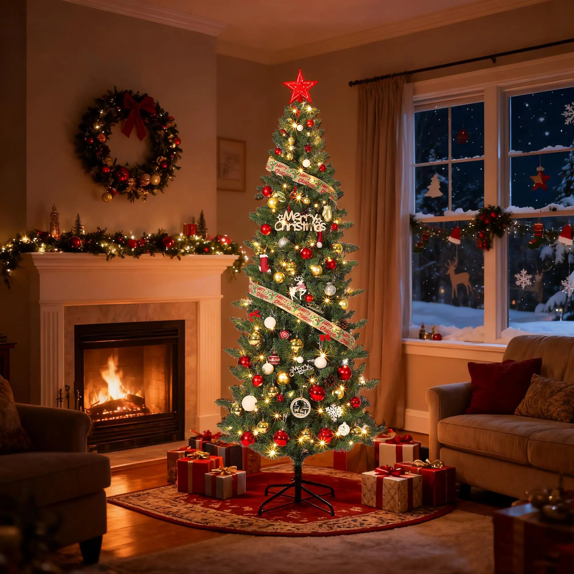 Pencil Christmas Tree - Prelit Christmas Tree with 120 Lights, Indoor Outdoor Holiday Decor for Home, Office, Party