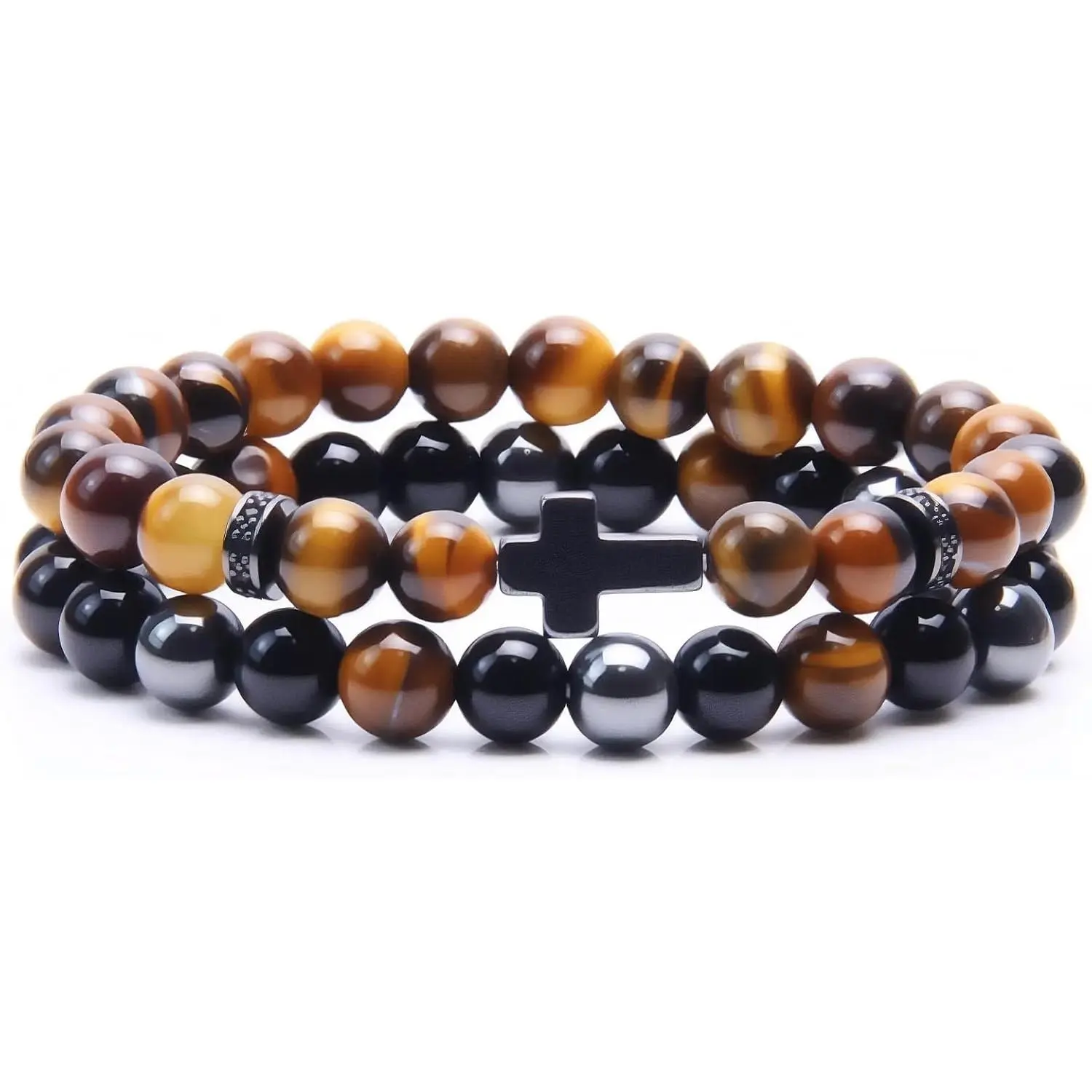 Cross Bracelet for Men - Black Obsidian Hematite Tiger Eye Triple Protection Bracelet Set 8MM Stretch Beaded Bracelets Faith Jewelry Gift for Men Boyfriend Husband Son