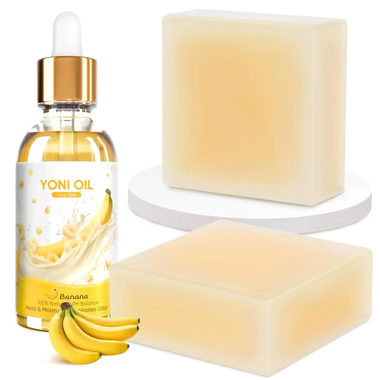 Banana Scent Natural Cleansing Soap & Botanical Care Oil Set with Shea, Lavender, Clove, Aroma - pH-Balancing Daily Bath & Body Care Kit with Pouch