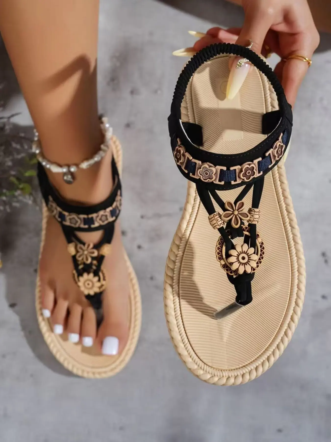 Boho Style Women's Lightweight Eva Flat Sandals, Bohemian Trendy Sandals, Ethnic Pattern Beaded Flower Beach Shoes, Summer Casual Outdoor Footwear