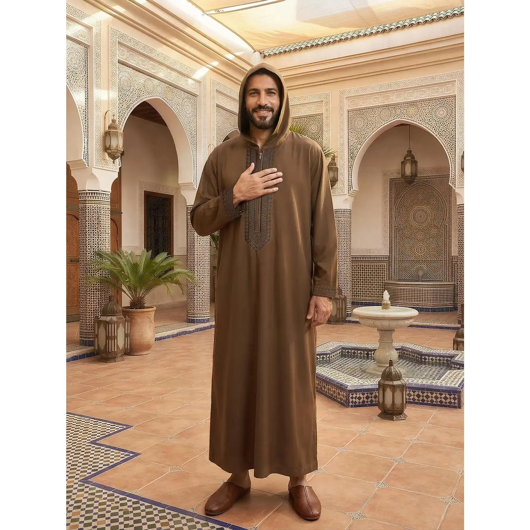 Men’s Traditional Moroccan Polyester Thobe - Classic Embroidered Long-Sleeve Loose Hooded Robe for Muslim Modesty (Daily & Formal Wear, All Seasons, Cold Wash Wardrobe Staple), Long Sleeves, Embroidery