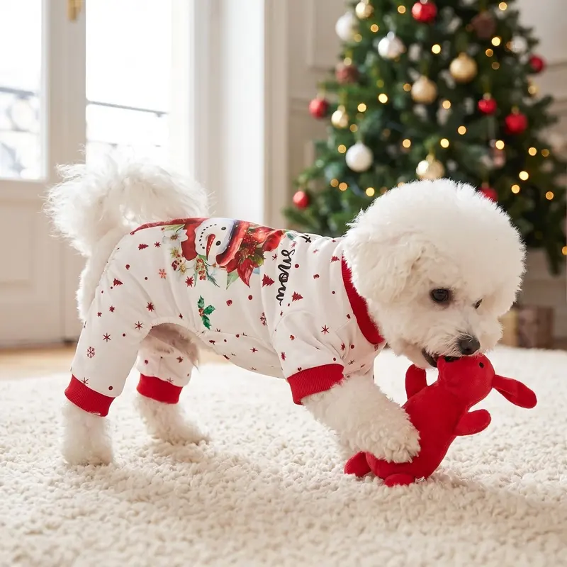 Christmas Dog Pajamas Jumpsuit Pet Clothes, Cute Snowman and Let It Snow Letter Print Puppy Four-Leg Sleepwear with Red Ribbed Trim and Holiday Snowflake Graphics Cat Apparel Outfit, Warm Winter Xmas New Year Party Costume For Small Medium Large Dogs