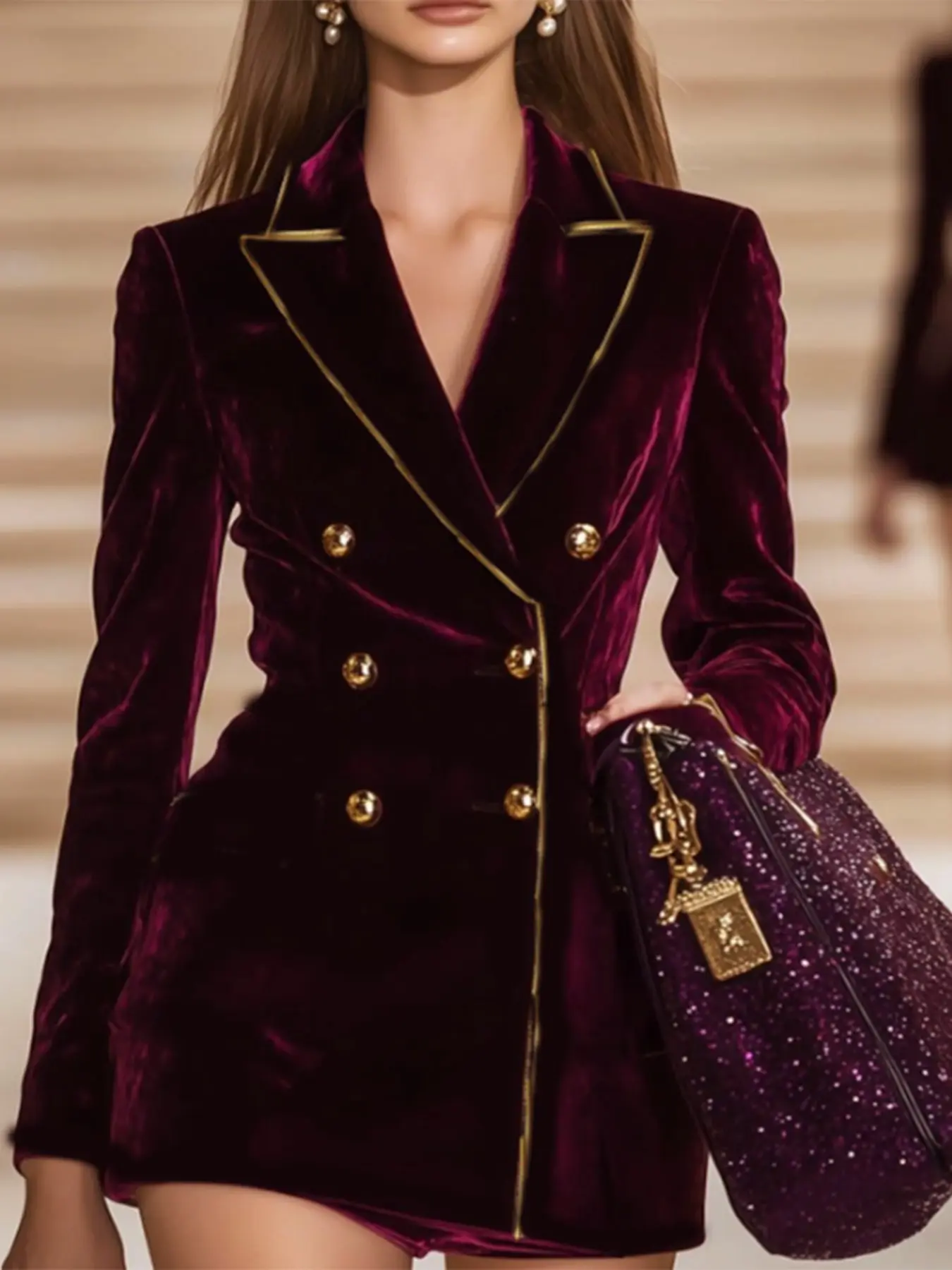 Autumn-Winter Vintage Wine Velvet Blazer, Trim, Long Sleeve, Fitted, Party & Office Wear, Elegant Ladies' Outerwear