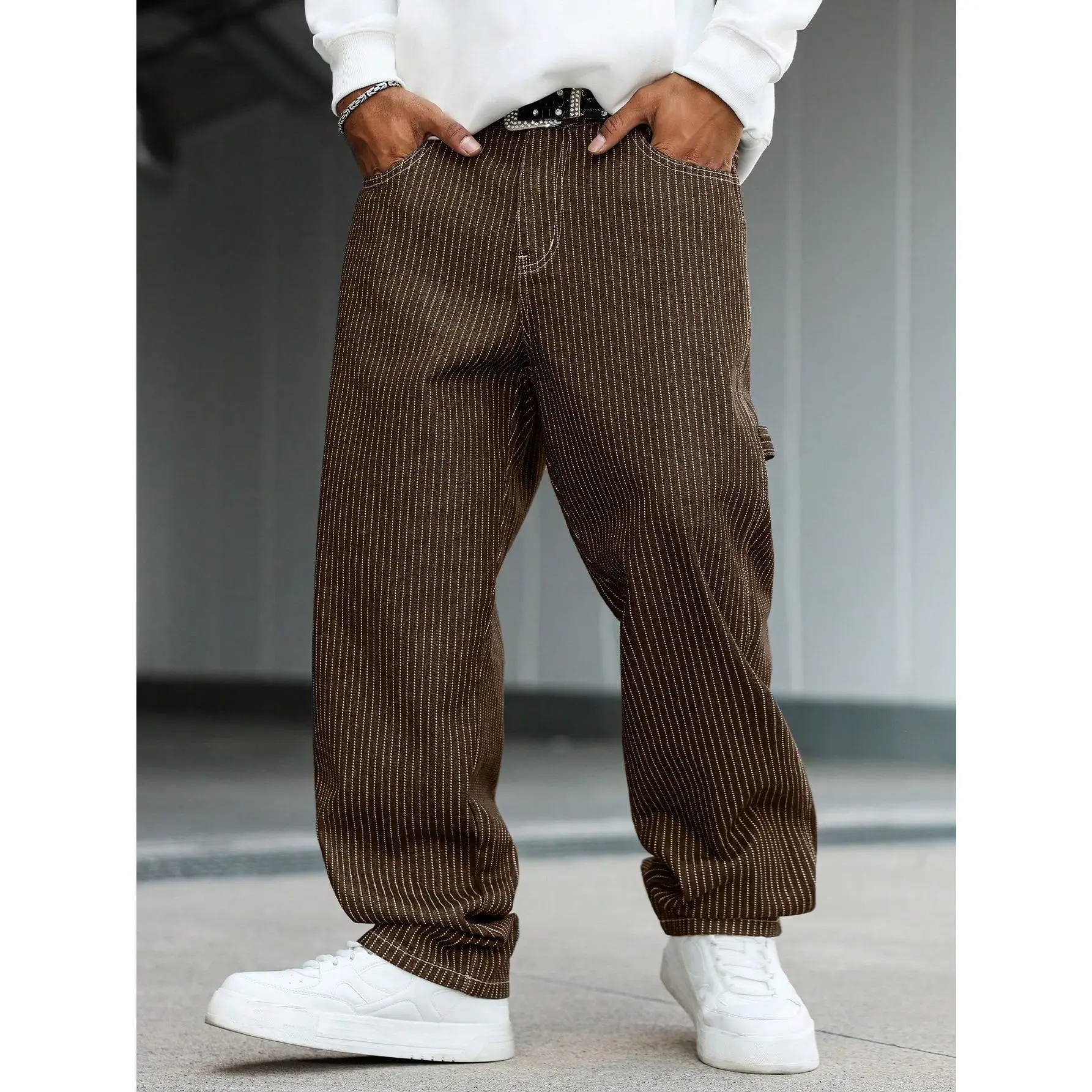 Men’s Brown Pinstripe Baggy Wide-Leg Jeans – Vintage Y2K Streetwear Loose Fit Denim Pants, Relaxed Fit Hip Hop Skate Trousers, Soft Washed Cotton Fabric Casual Urban Fashion Pants for Men