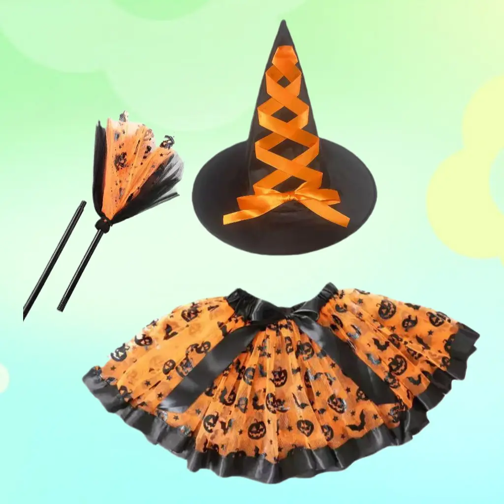 Purple Witch Costume Set with Mesh Skirt Witch Hat Bat Decor Adult Outfit for Halloween Party