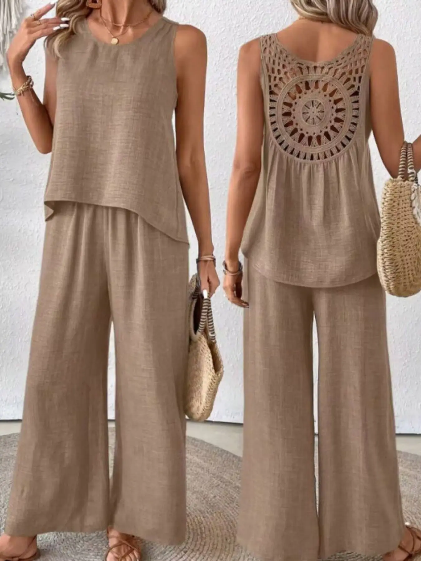 Vacation Style Casual Oversize Solid Two-Piece Outfit Set, Asymmetrical Hem Backless Sleeveless Top + Loose Fit Wide Leg Pants