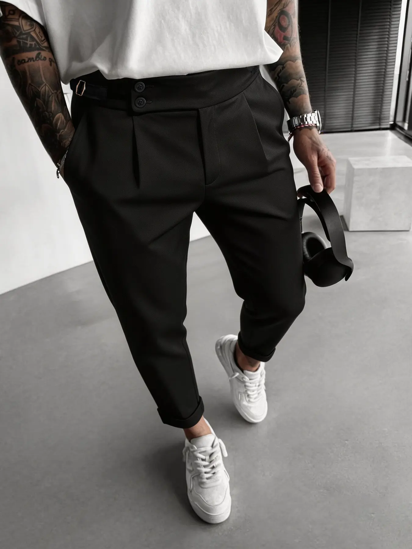 Men's Autumn New Italian Solid Nine-Inch Pants, High Waist Adjustable Dual Button, Wrinkle-Resistant Fabric, Urban Commute, Casual Wear, Button Front Trousers, Casual Fitted Cut