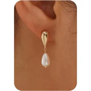 Plenky Pearl Earrings-14K Gold Plated Dainty Pearl Drop Simple Wedding CZ Dangle Dangling Cute Stud Earrings for Brides Earrings for Women Gifts