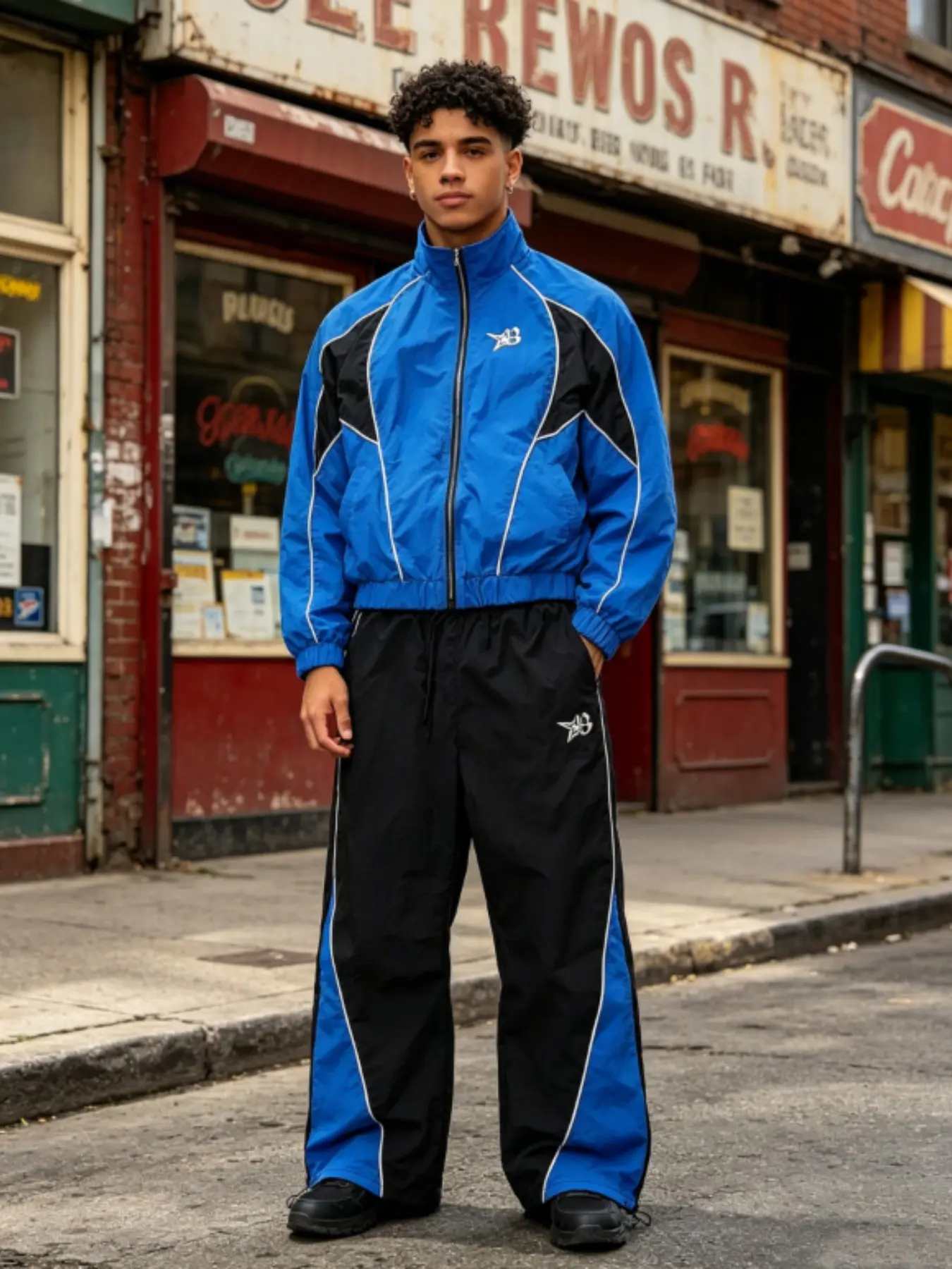 Men's 2-Piece Blue Black Colorblock Tracksuit Set | Turtleneck Jacket & Sweatpants Athletic Training Outfit | Casual Sportswear for Outdoor, Great Gift for Men, Colorblock Sweatsuit