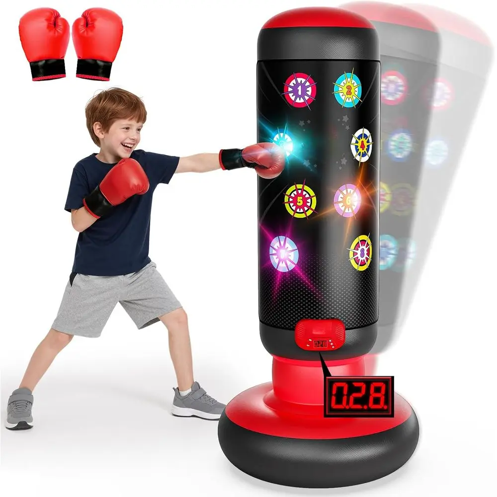 Inflatable Punching Bag for Kids, Electronic Boxing Toy with Scoring, Lights, Music & 4 Game Modes, Includes Gloves - Outdoor Sports Gift for Boys & Girls Ages 4-12