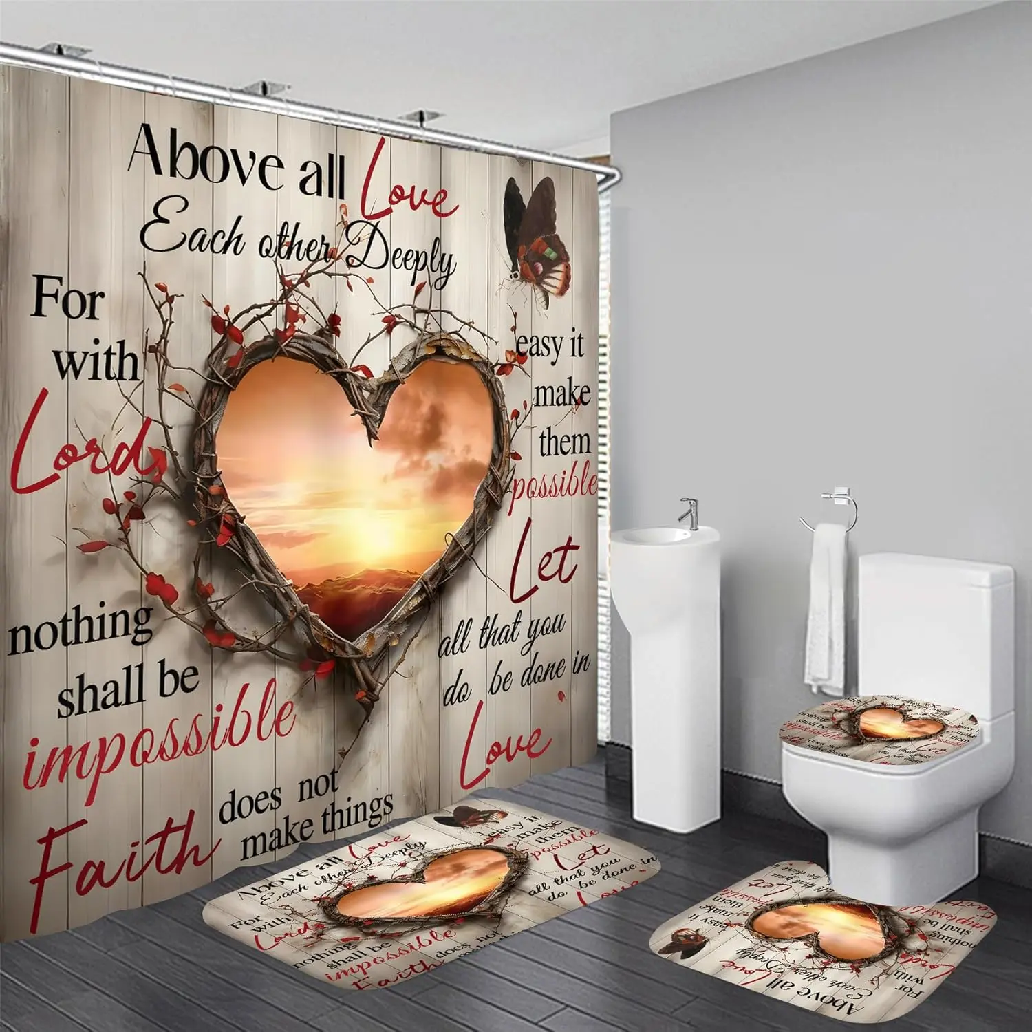 Polyester Shower Curtain Set with Hanging Hooks, Non-Slip Bath Rug, Bath Mat, Toilet Lid Cover & Bathroom Accessories Bag - Sunset Bathroom Decor for Home Washroom (12 Hooks Included), Shower Curtains