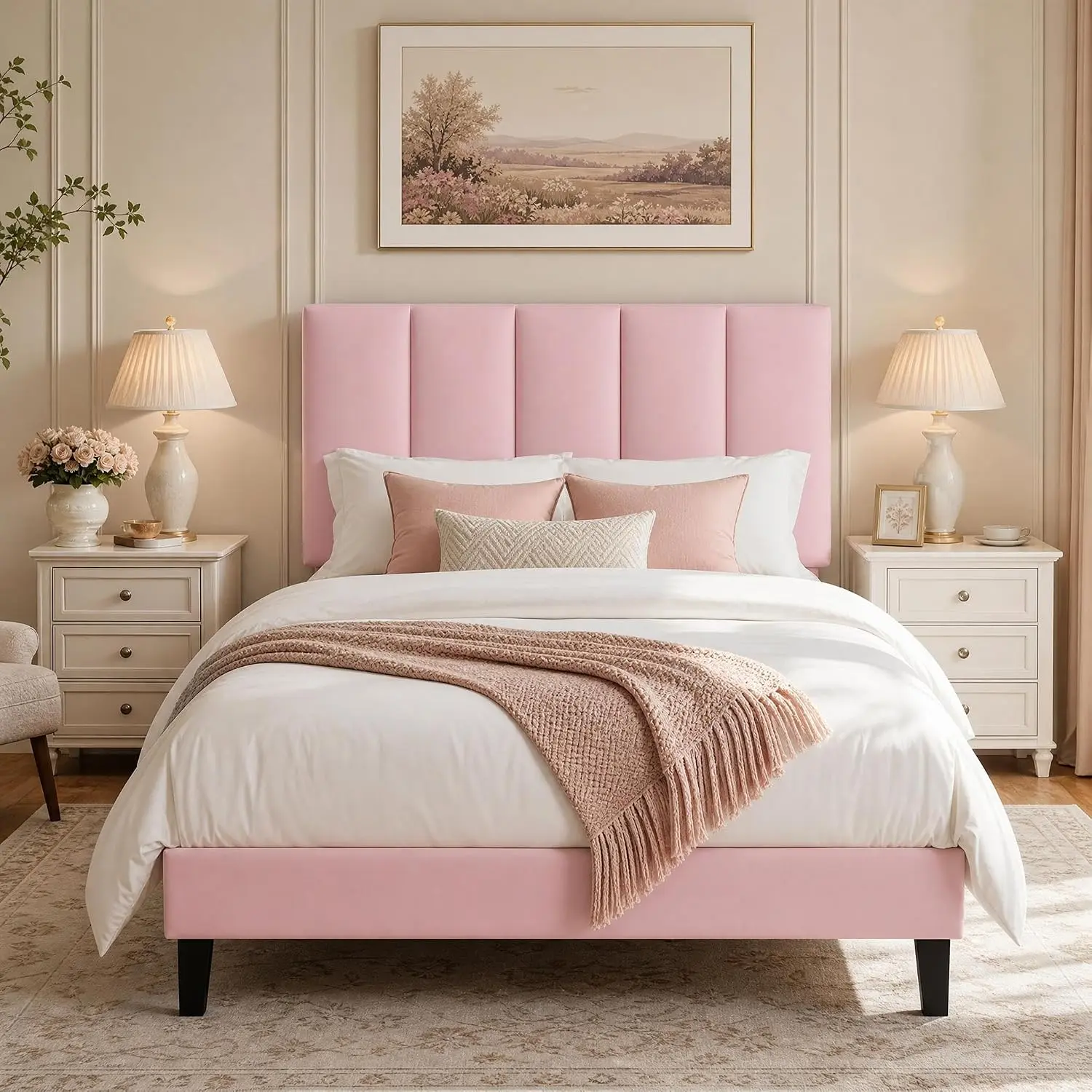Gaomon Queen Size Velvet Upholstered Sturdy Platform Bed Frame - Adjustable Vertical Channel Tufted Headboard, Bedroom Furniture, Multi-Size Option (Twin/Full/Queen), Apartment Use, No Box Spring Needed, Easy Assembly, Pink, Queen Size Bed Frame